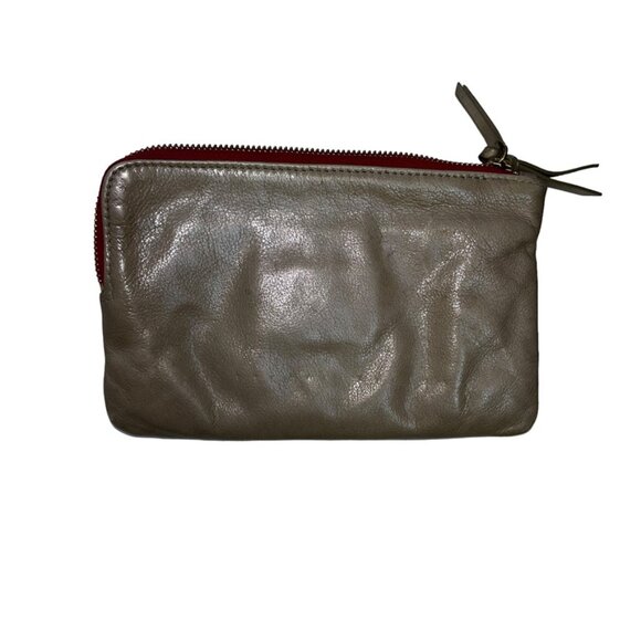 steven allen khaki leather striped lining zipper pouch pockets wallet bag - Picture 4 of 5